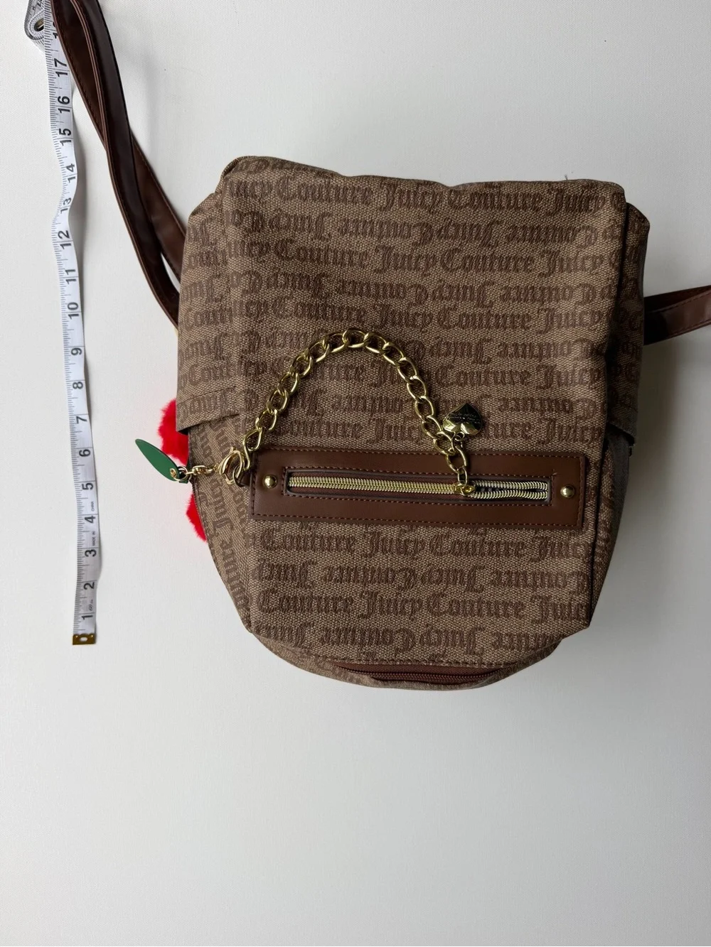 Juicy Couture Juicy Fruit Cherry Backpack Brown Monogram Gold Chain NWOT